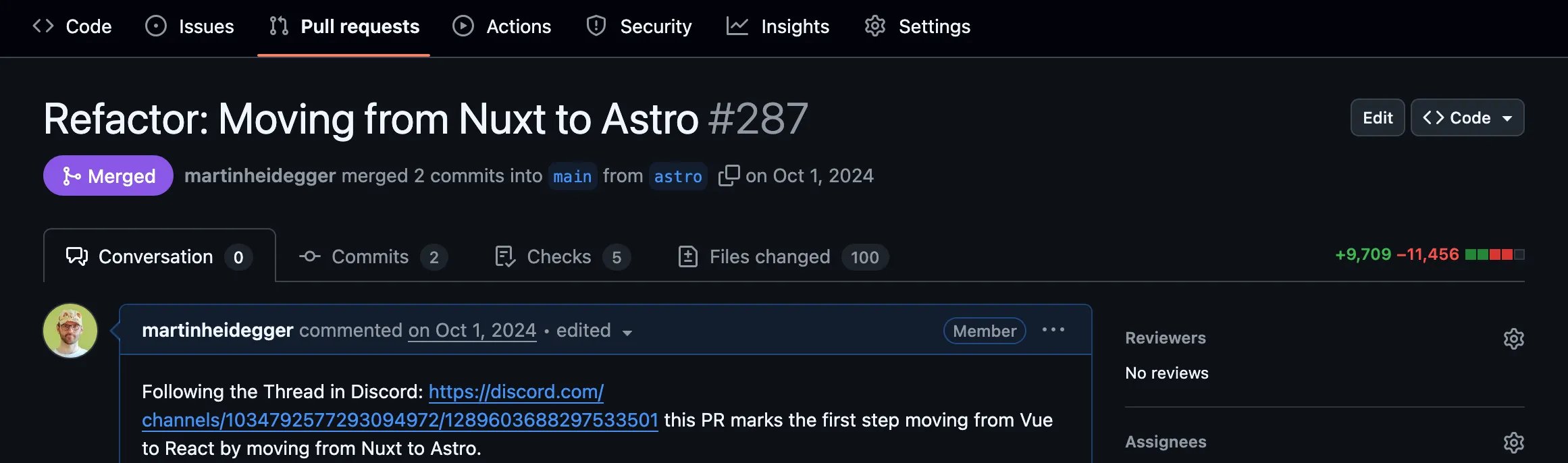 GitHub Screenshot of the PR that changed the homepage from nuxt to astro